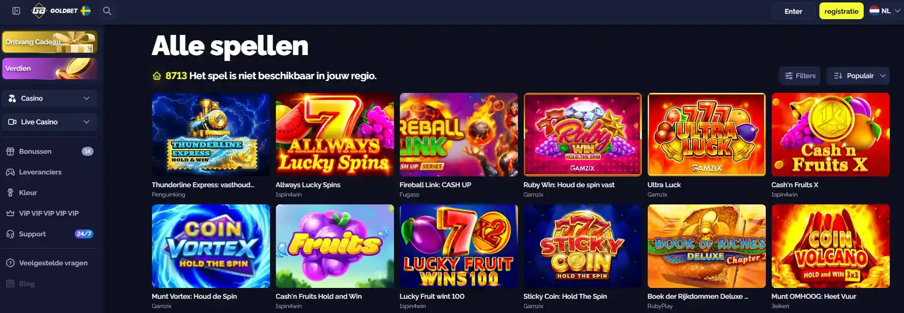 Actuele Goldbet casino lobby met spelcategorieën en providers