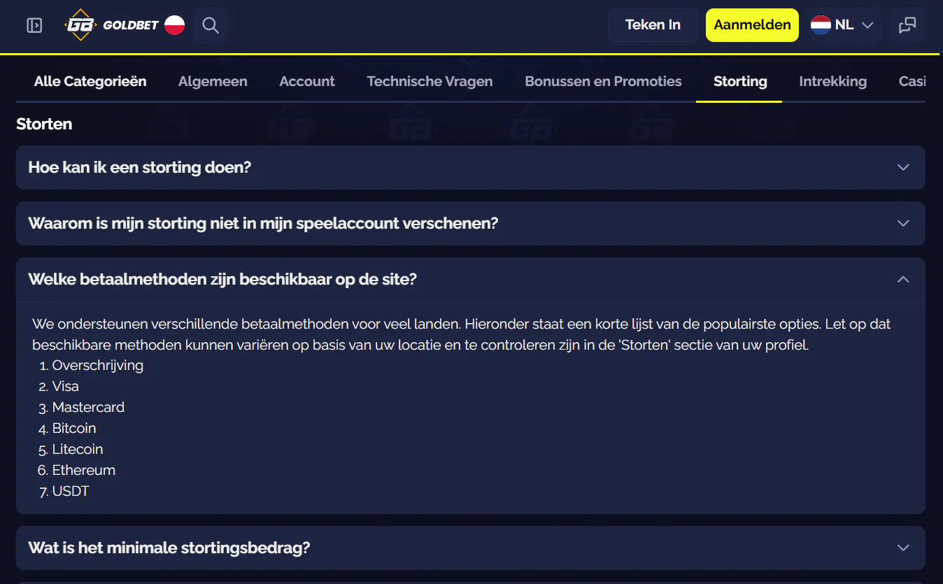 Officiële Goldbet FAQ of betaalmethodesectie met actuele betaalinformatie