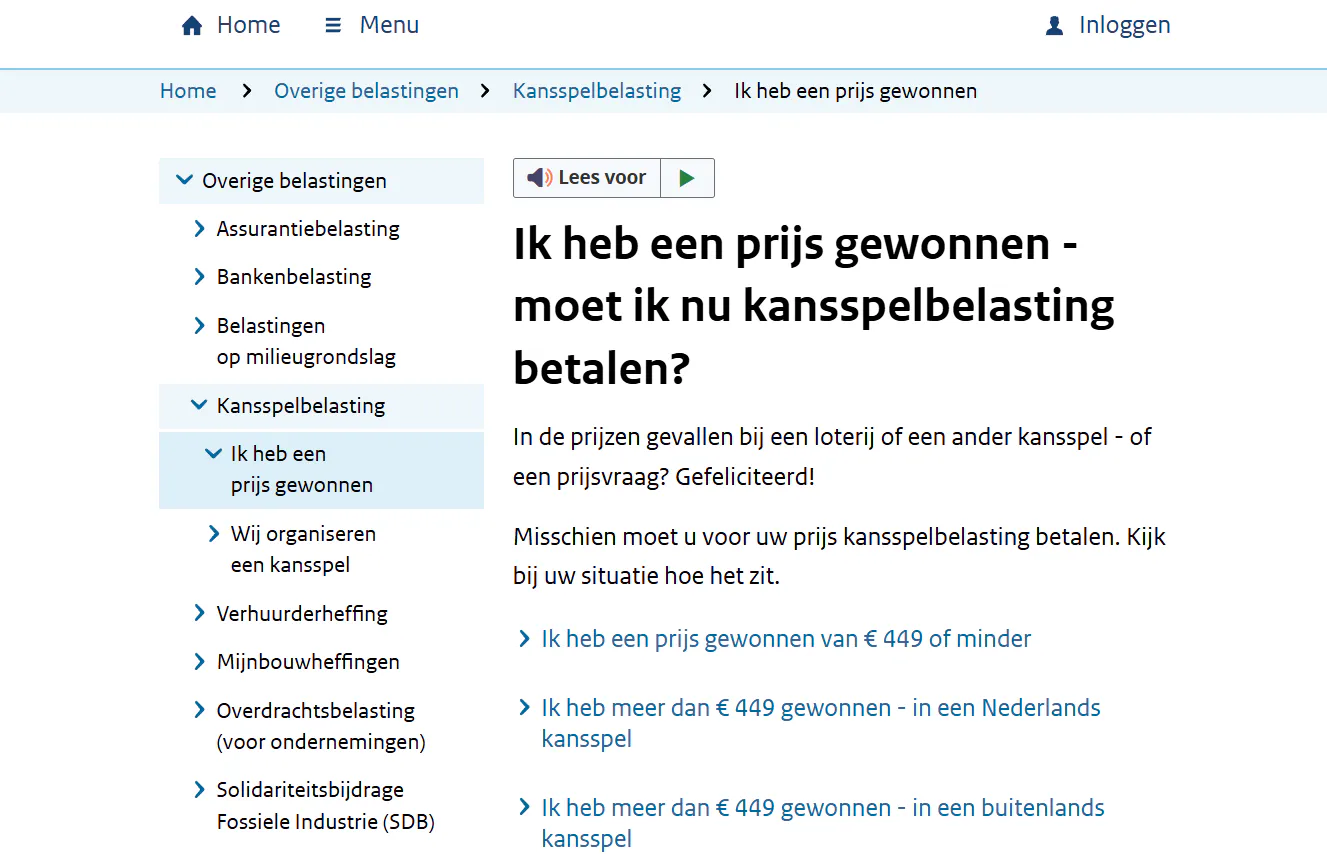 Actuele Belastingdienst-pagina over kansspelbelasting bij online kansspelen zonder Nederlandse vergunning