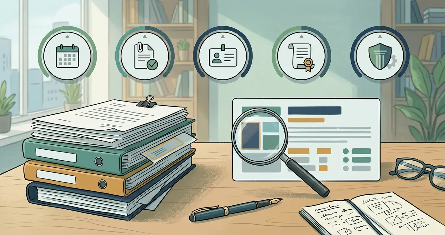 Redactionele illustratie van een review-checklist met datum, bewijs, KYC-context, voorwaarden en regulatorcontrole