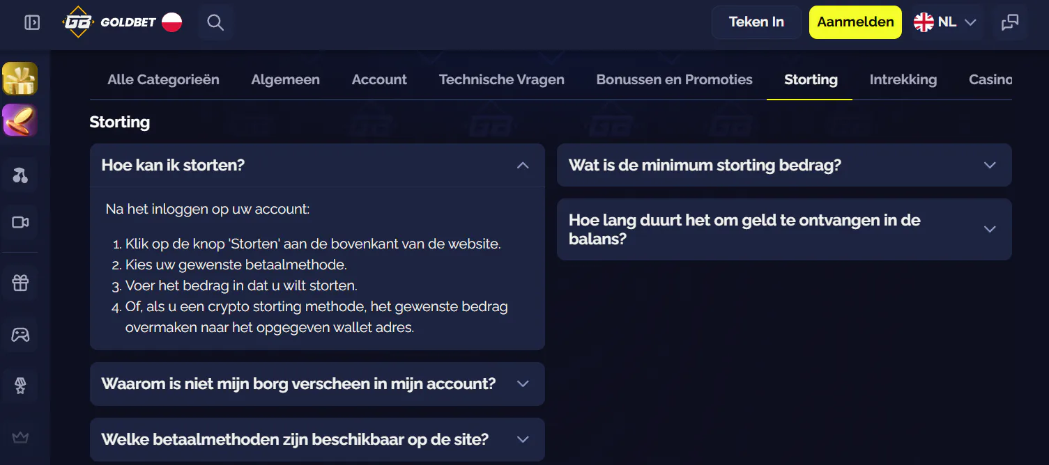 Officiële Goldbet FAQ met de deposit-flow en actuele globale betaalmethoden