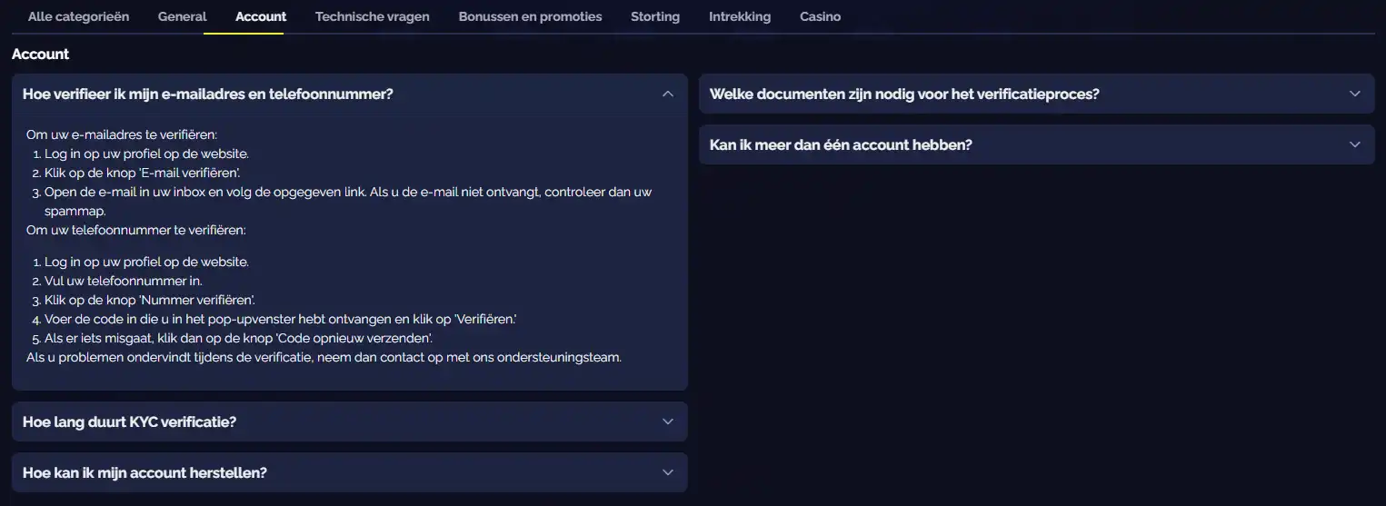 Officiële Goldbet KYC-informatie in de FAQ of AML-policy