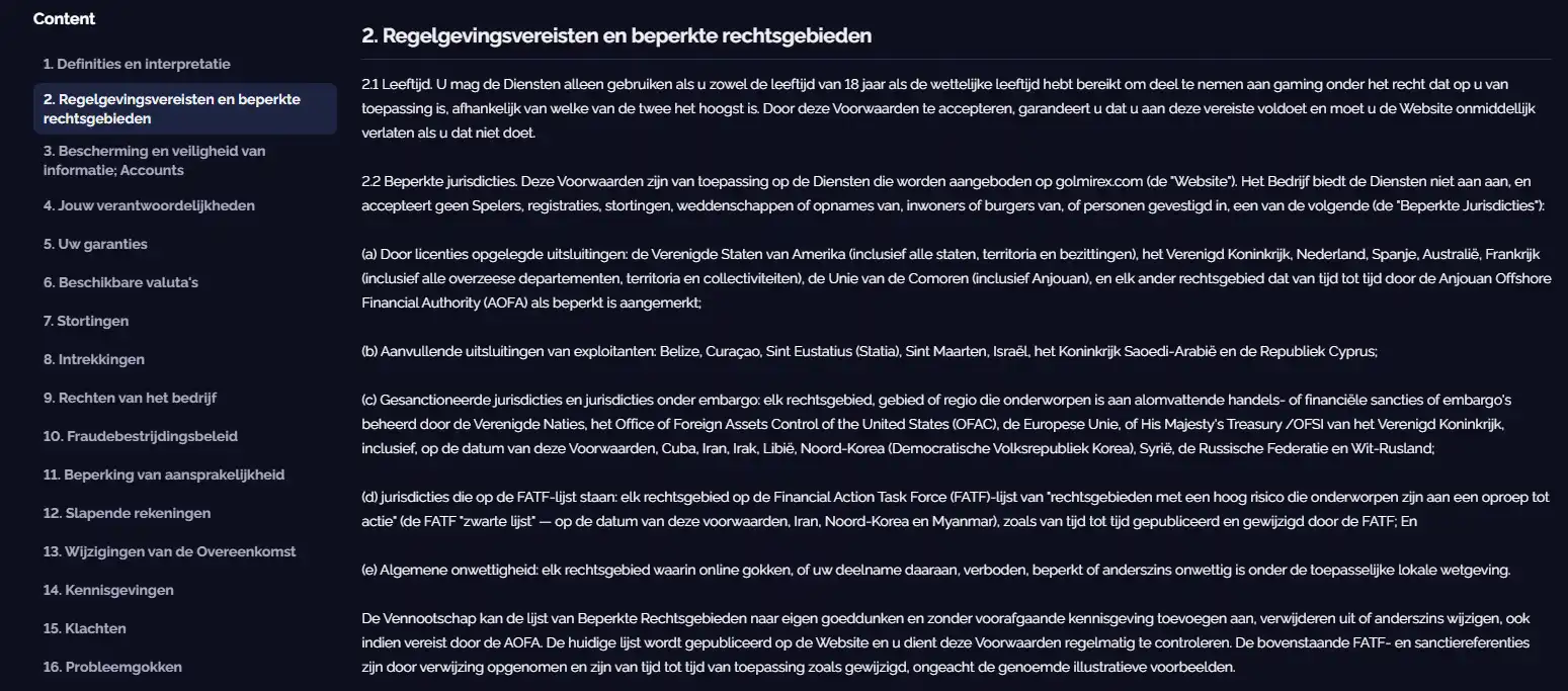 Goldbet Terms Section 2.2 waarin Nederland als Restricted Jurisdiction staat