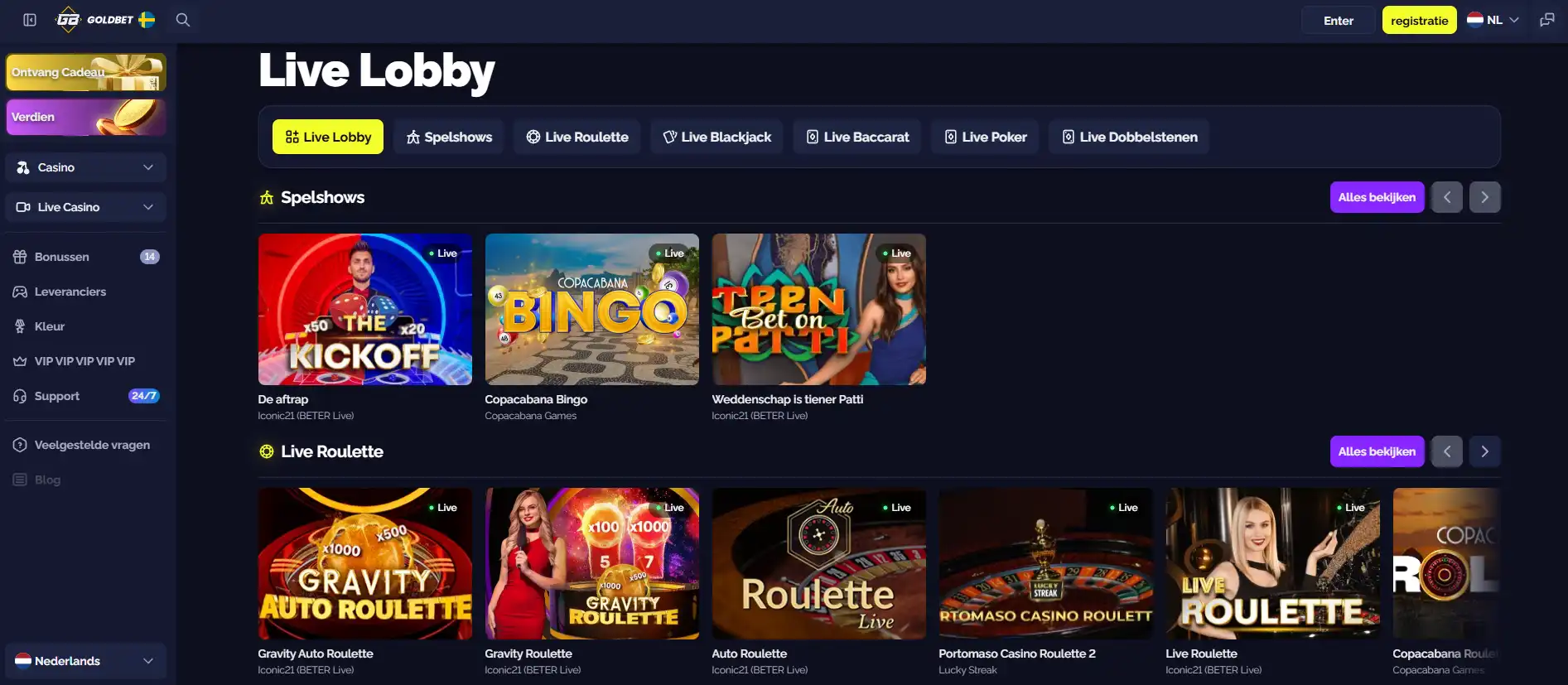 Actuele Goldbet live-casino lobby met live tafelcategorieën en providers