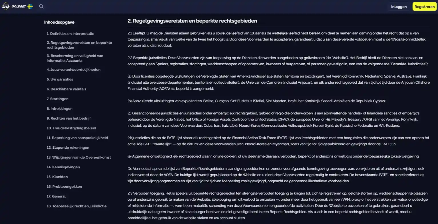 Goldbet Terms sectie 2.2 met Netherlands bij restricted jurisdictions